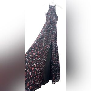 DB Studio Bridesmaid Floral Print Halter A- Line Dress with slit.